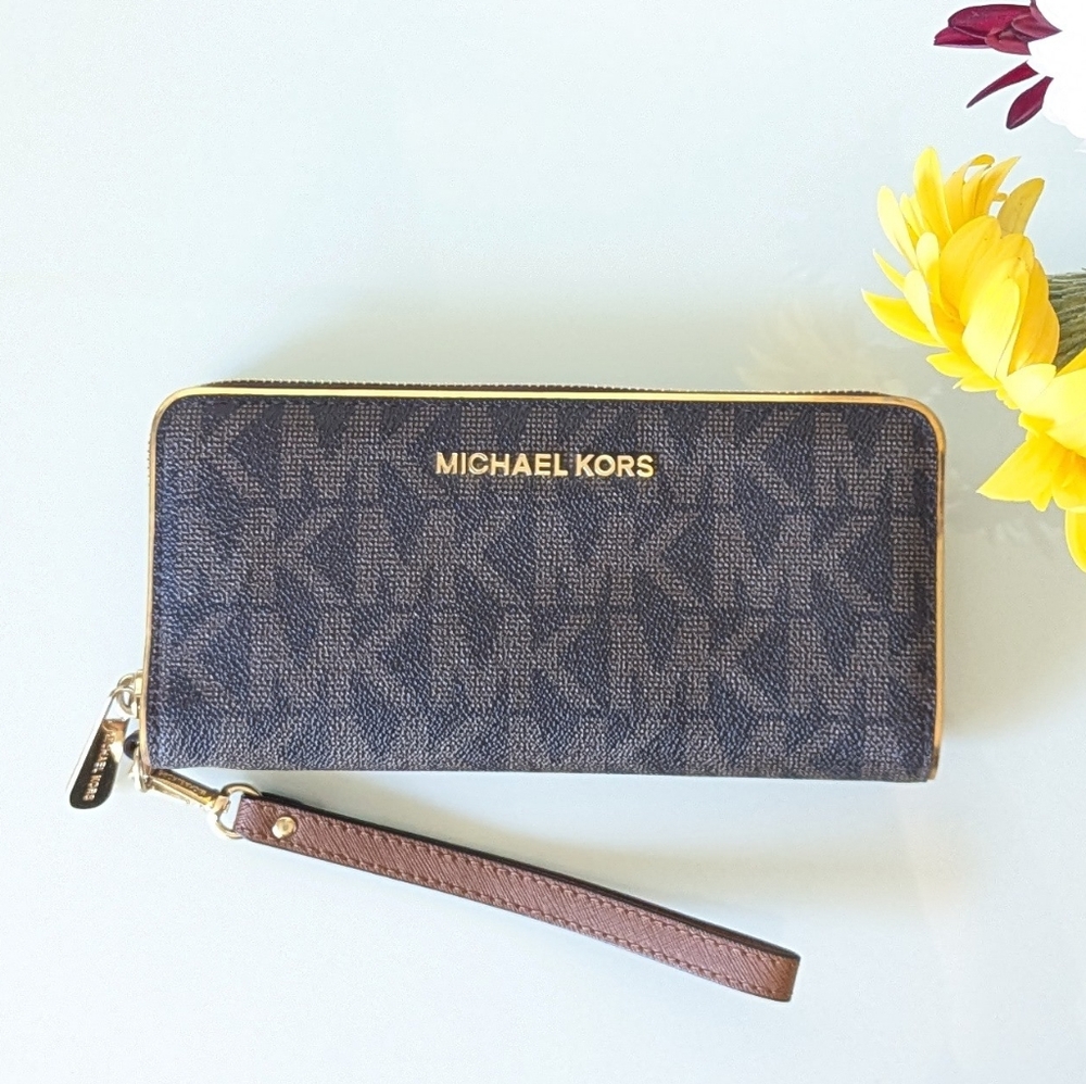 Michael Kors Brown Logo Zip Wallet Wristlet